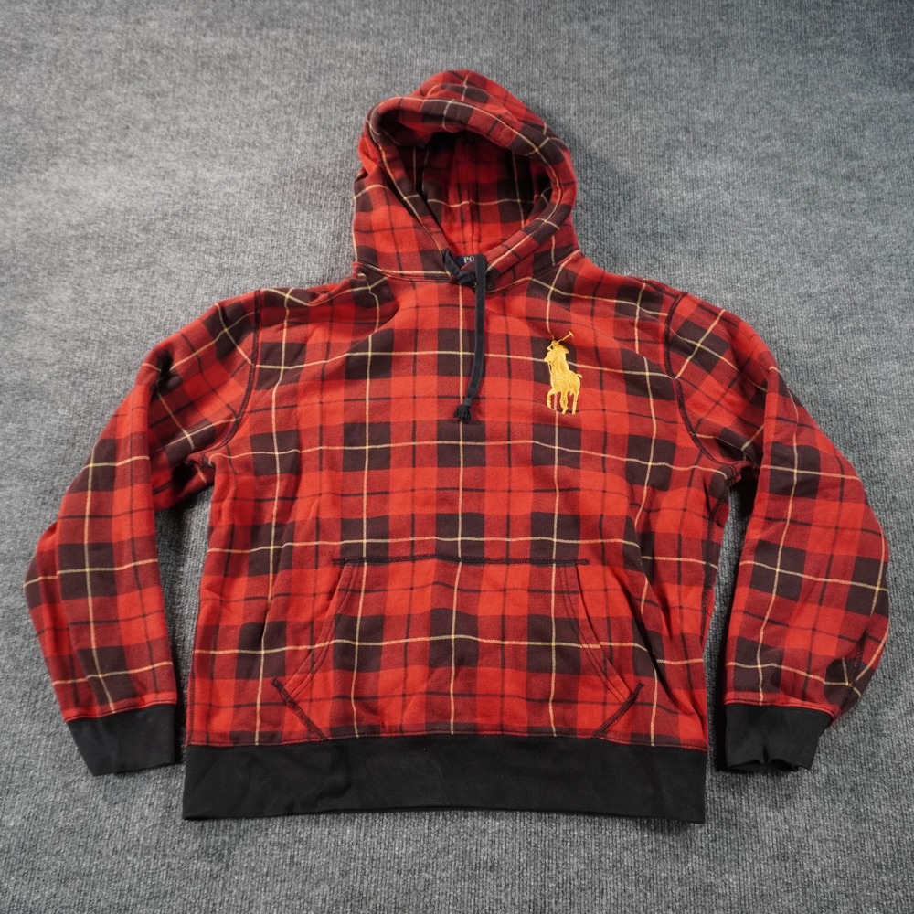 Polo Ralph Lauren Fleece Hoodie Mens Large Red Black Plaid Tartan Gold Big Pony